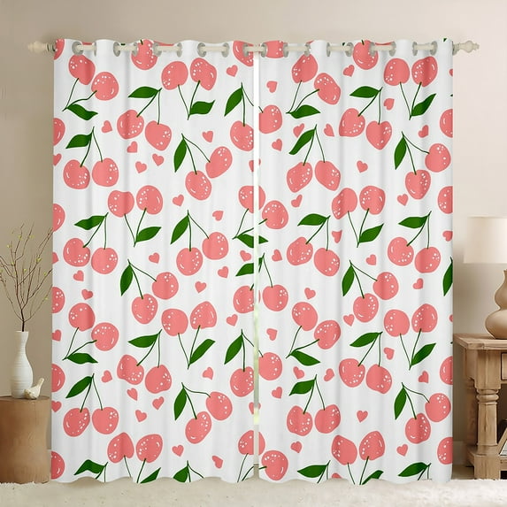 Homewish Kawaii Loves Pattern Black Out Curtains,Cute Cartoon Cherries Curtains Pack of 2 (42x63 Each),Pink White Green Bedroom Curtains For Girls Kids,Breathable Home Decor