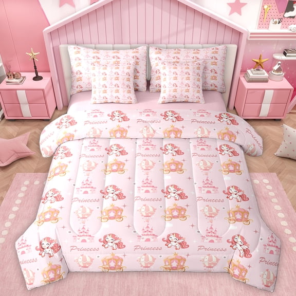 Homewish Kawaii Magic Unicorn Bedding Comforter Set, Pink Princess Castle King Bedding Sets, Fairy Tale Cartoon Reversible Bed Sheets, Breathable Home Decor