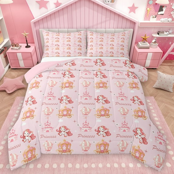 Homewish Kawaii Magic Unicorn Full Size Comforter Sets, Pink Princess Castle Bedding Comforter Set, Fairy Tale Cartoon Reversible Bedding Sets, Breathable Home Decor, 3-Piece