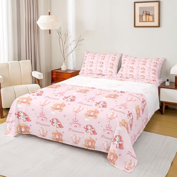 Homewish Kawaii Magic Unicorn Twin Sheet Sets, Pink Princess Castle Twin Fitted Sheet, Fairy Tale Cartoon Flat Sheet, Breathable Home Decor, 3-Piece