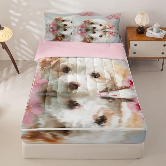 Homewish Kawaii Maltese Dog Zipper Full Size Comforter Sets with Fitted Sheet and 2 Pillowcases,Cherry Blossom Zipper Bedding Set,White,Pink Reversible,4pcs