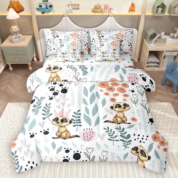Homewish Kawaii Meerkat 7-Piece Bedding Comforter Set for Child Boys Girls,Chic Floral Flower King Bedding Sets,Cartoon Animal Ultra Soft Bed Sheets,Super Cozy Room Decor,Reversible