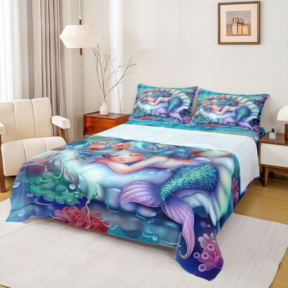 Homewish Kawaii Mermaid Princess Bed Sheets,Cartoon Sea Animal King Sheets,Colorful Shell Coral Sheet Set For Girl Kids,Luxury Bedroom Decor,4-Piece