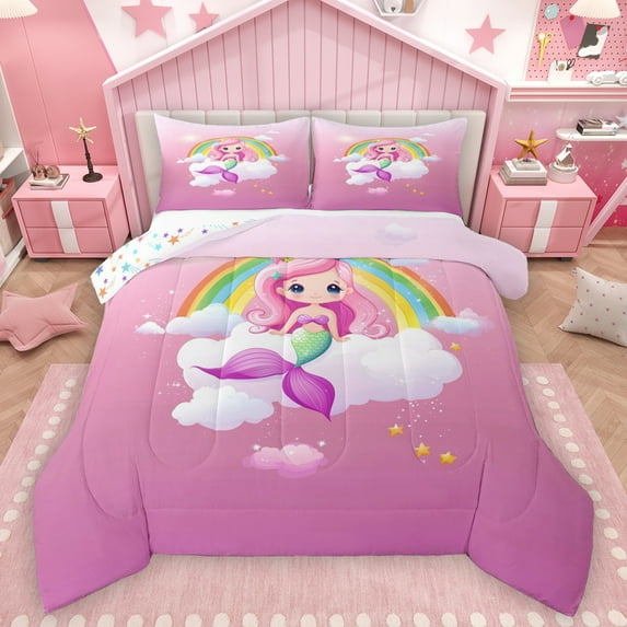Homewish Kawaii Mermaid Princess Queen Comforter Set,Colorful Rainbow Bedding Sets,Magic Cartoon Animal Bedding Comforter Set For Girls,Ultra Soft Home Decor Reversible,3 Pieces