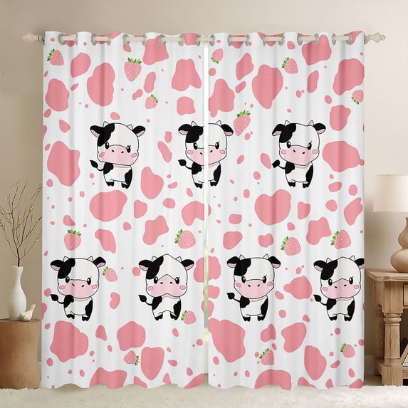 Homewish Kawaii Milk Cow Blackout Curtains Set of 2 (52x84 Each) for Kids, Fashion Pink Cow Print Window Curtains, Cartoon Strawberry Curtains and Drapes, Curtains and Drapes Bedroom Decor