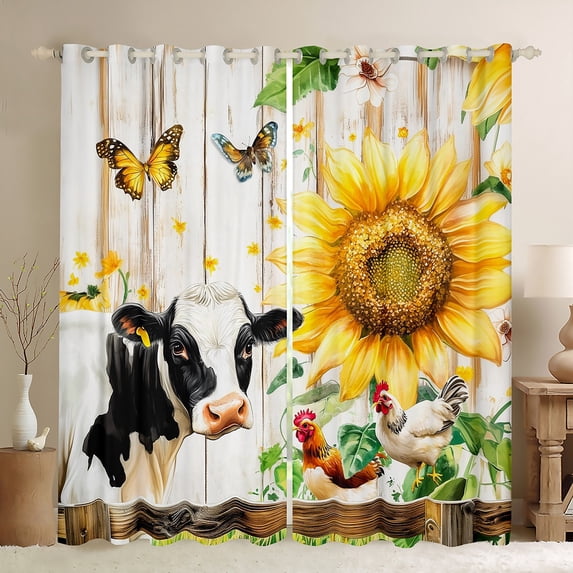 Homewish Kawaii Milk Cow Curtains Pack of 2 (42x84 Each) for Child, Orange Rustic Sunflower Curtains Blackout, Western Lake House Bedroom Curtains, Window Curtains Decor