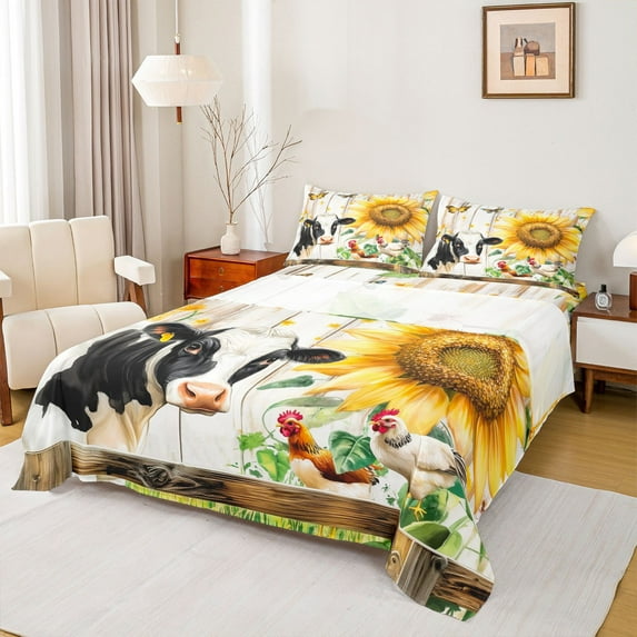 Homewish Kawaii Milk Cow Twin Sheet Sets for Child, Orange Rustic Sunflower Twin Fitted Sheet, Western Lake House Flat Sheet, Super Cozy Room Decor, 3pcs