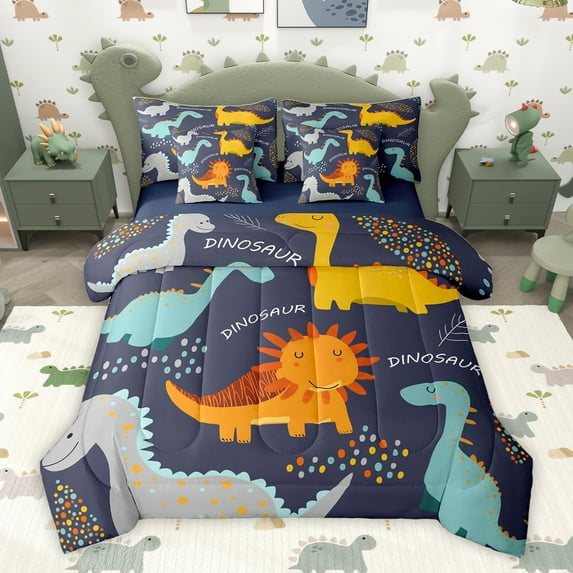 Homewish Kawaii Navy Dinosaur Twin Bedding Sets 7-Piece for Kids, Chic Polkadots Bedding Comforter Set, Cartoon Animal Reversible Sheet Sets, Lightweight Room Decor