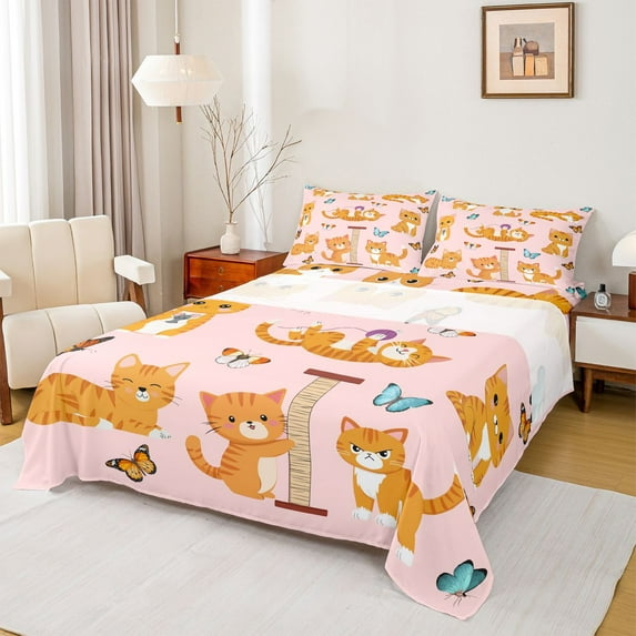 Homewish Kawaii Orange Animal Twin Sheet Sets, Magic Butterfly Animal Twin Fitted Sheet, Teens Kids Boys Girls Flat Sheet, Breathable Home Decor, 3-Piece