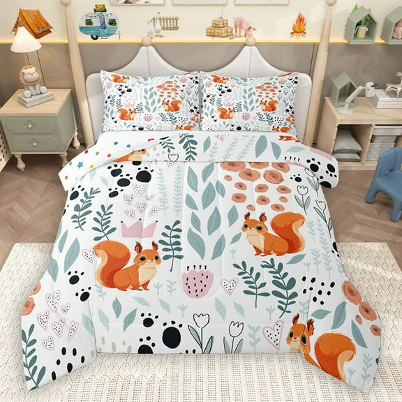 Homewish Kawaii Orange Squirrel 2pcs Bedding Comforter Set for Child Boys Girls,Chic Floral Flower Twin Comforter Sets,Cartoon Animal Breathable Bedding Set,Super Cozy Room Decor,Reversible