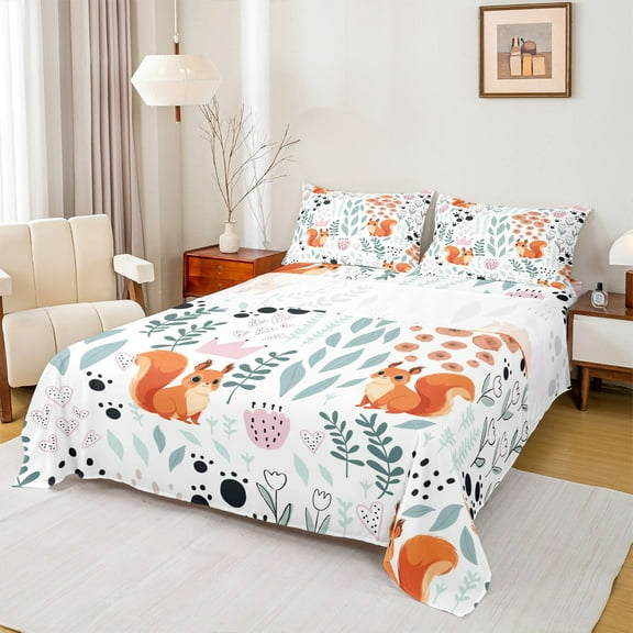 Homewish Kawaii Orange Squirrel 3pcs Twin Sheet Sets for Child Boys Girls,Chic Floral Flower Twin Fitted Sheet,Cartoon Animal Breathable Flat Sheet,Super Cozy Room Decor