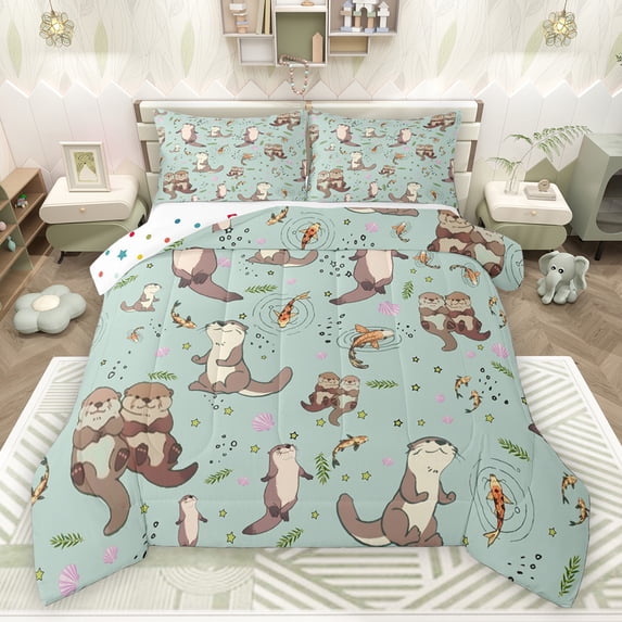 Homewish Kawaii Otter 3 Pieces Queen Comforter Set for Preppy Child,Cartoon Animal Ultra Soft Bedding Sets,Koi Fish Bedding Comforter Set Breathable,Luxury Bedroom Decor,Reversible
