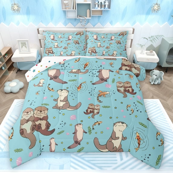 Homewish Kawaii Otter Bedding Comforter Set 2pcs for Preppy Child,Cartoon Animal Twin Comforter Sets Microfiber,Koi Fish Breathable Bedding Set,Luxury Bedroom Decor,Reversible