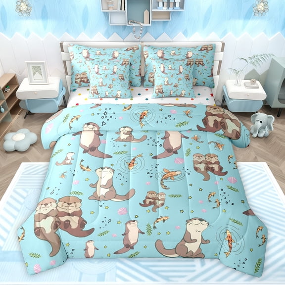 Homewish Kawaii Otter Bedding Comforter Set 7-Piece for Preppy Child,Cartoon Animal King Bedding Sets,Koi Fish Ultra Soft Bed Sheets,Luxury Bedroom Decor,Reversible