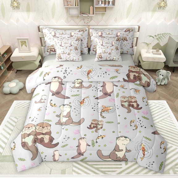 Homewish Kawaii Otter Twin Bedding Sets 7-Piece for Preppy Child,Cartoon Animal Bedding Comforter Set Microfiber,Koi Fish Breathable Sheet Sets,Luxury Bedroom Decor,Reversible
