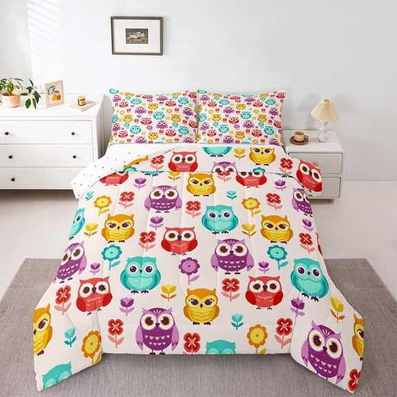 Homewish Kawaii Owl Bedding Comforter Set 2pcs for Preppy Kids Children,Colorful Flowers Twin Comforter Sets Microfiber,Cartoon Animal Breathable Bedding Set,Super Cozy Room Decor,Reversible