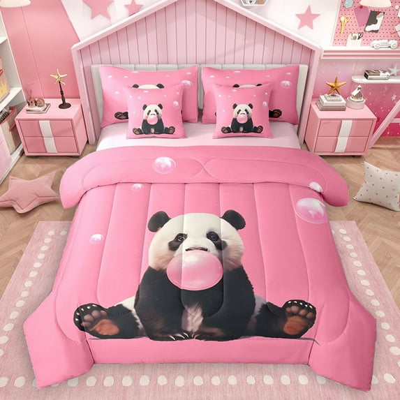 Homewish Kawaii Panda 7-Piece Twin Bedding Sets for Kids Children Teens,Pink Bubbles Bedding Comforter Set,Cute Animal Breathable Sheet Sets,Super Cozy Room Decor,Reversible