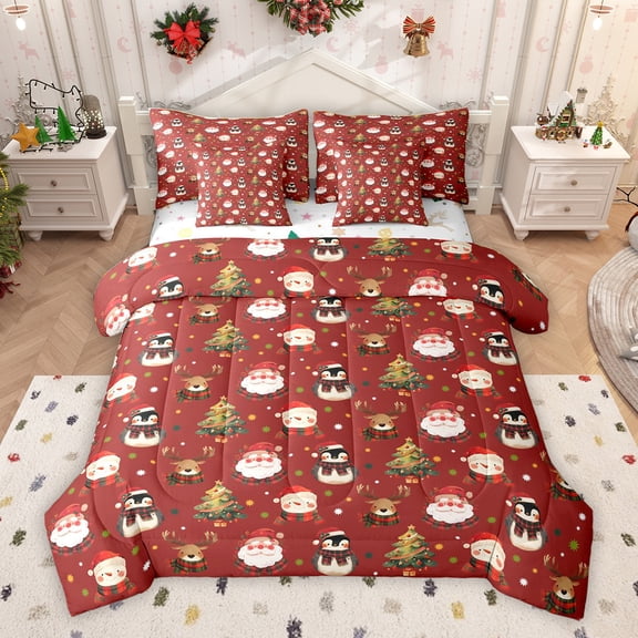 Homewish Kawaii Penguin Animal Bedding Comforter Set 7pcs, Curte Santa Claus Queen Bedding Sets, Snowman Reindeer Elk Reversible Queen Sheet Sets, Lightweight Room Decor