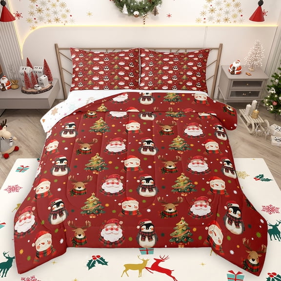 Homewish Kawaii Penguin Animal Queen Comforter Set, Curte Santa Claus Bedding Sets, Snowman Reindeer Elk Reversible Bedding Comforter Set, Lightweight Room Decor, 3 Pieces