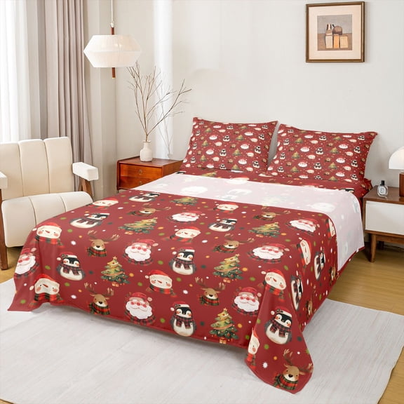 Homewish Kawaii Penguin Animal Twin Sheet Sets, Curte Santa Claus Twin Fitted Sheet, Snowman Reindeer Elk Flat Sheet, 3 Pieces
