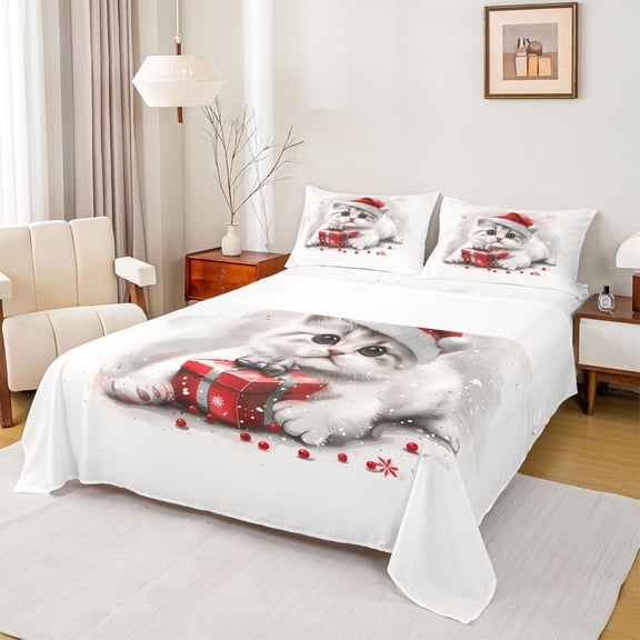 Homewish Kawaii Pet Cat Bed Sheets,Red Berry Xmas Gifts King Sheets,Merry Christmas Sheet Set For Girls Kids,Microfiber Bedroom Decor,4pcs