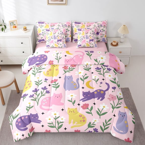 Homewish Kawaii Pet Cats 7pcs Queen Bedding,Lovely Flowers Plants Bedding Comforter Set Queen,Pink,Pink Reversible