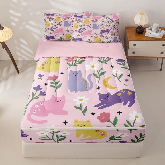 Homewish Kawaii Pet Cats Zipper Queen Comforter Set with Fitted Sheet and 2 Pillowcases,Lovely Flowers Plants Zipper Bedding Set,Pink,Pink Reversible,4pcs