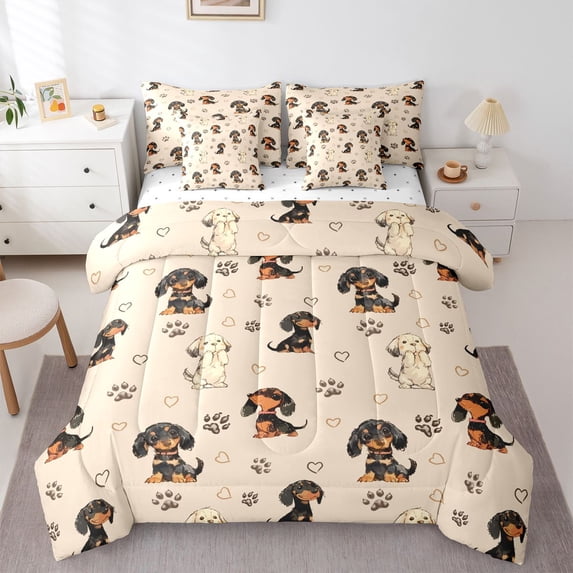 Homewish Kawaii Pet Dachshund 7-Piece King Bedding,Dog Paws King Bed in a Bag,Cream,Reversible