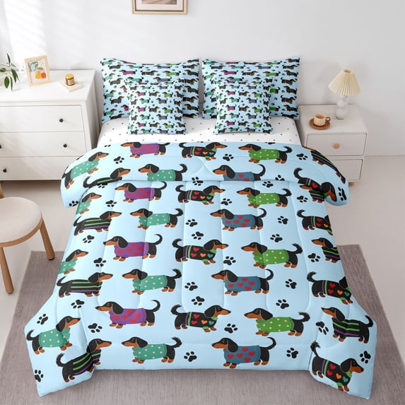 Homewish Kawaii Pet Dachshund 7pcs Queen Bedding,Dog Paw Print Bedding Comforter Set Queen,Blue,Reversible