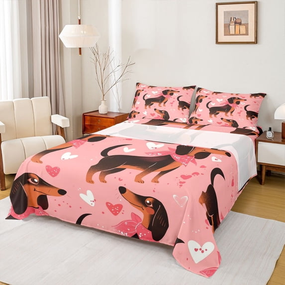 Homewish Kawaii Pet Dachshund Bed Sheets,Cute Heart Print Full Size Sheets,Pink,4pcs,1 Flat Sheet, 1 Fitted Sheet and 2 Pillowcases