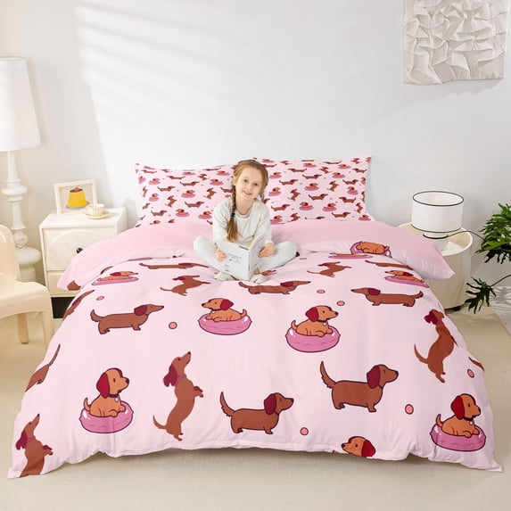 Homewish Kawaii Pet Dachshund Bedding,Cartoon Animals Duvet Cover Full,Pink,Pink Reversible,3-Piece,1 Duvet Cover and 2 Pillowcases