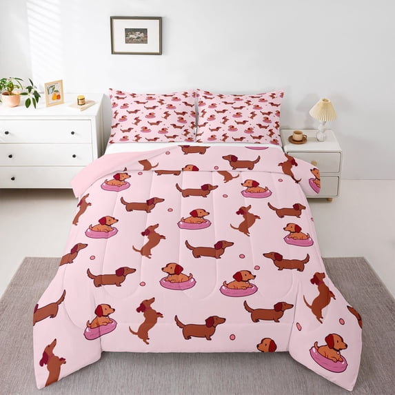 Homewish Kawaii Pet Dachshund Queen Comforter Set,Cartoon Animals Comforter Sets Queen,Pink,Pink Reversible,3 Pieces,1 Comforter and 2 Pillowcases