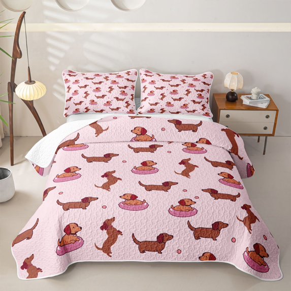 Homewish Kawaii Pet Dachshund Quilt Full,Cartoon Animals Full Bedspread Sets,Pink,3 Pieces