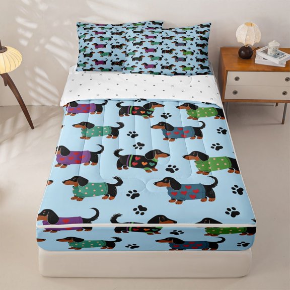 Homewish Kawaii Pet Dachshund Zipper Twin Comforter Sets with Fitted Sheet and 2 Pillowcases,Dog Paw Print Zipper Bedding Set,Blue,Reversible,4pcs