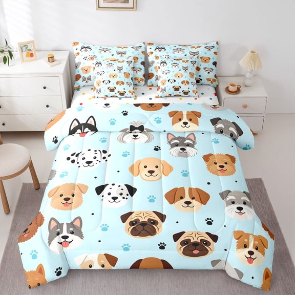 Homewish Kawaii Pet Dog 7pcs Queen Bedding,Cute Animal Al Bedding Comforter Set Queen,Blue,Polkadot Reversible