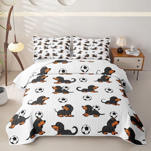 Homewish Kawaii Pet Dogs Dachshund Bed Spread Queen,Boys Football Ball Games Queen Coverlet Set For Puppy Dogs Lovers,3pcs
