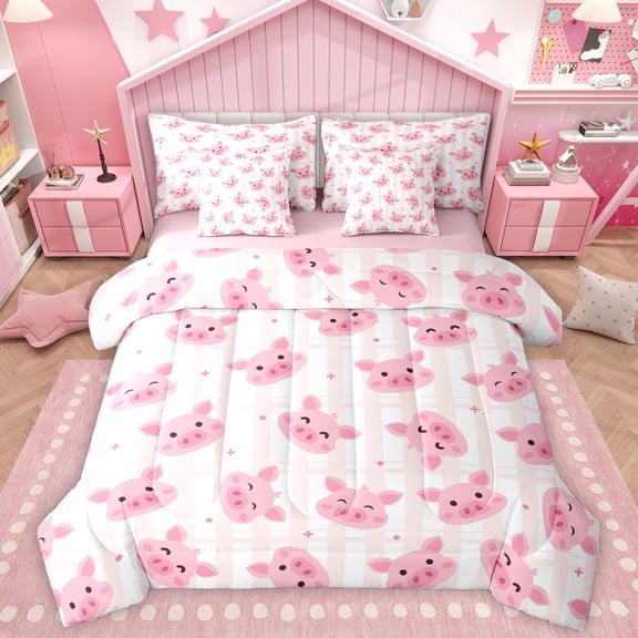 Homewish Kawaii Pig 7-Piece Bedding Comforter Set,Modern Geometric Stripe King Bedding Sets,Pink White Bed Sheets For Girls Teens,Ultra Soft Home Decor Reversible