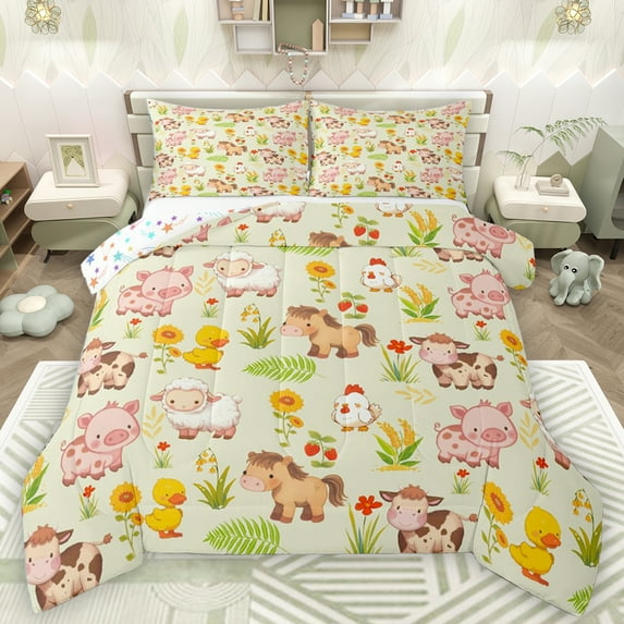 Homewish Kawaii Pig Horse Bedding Comforter Set,Farm Sheep Chicken Twin Comforter Sets,Yellow Duck Flower Bedding Set For Kids,Breathable Home Decor Reversible,2-Piece