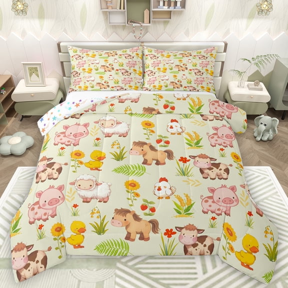 Homewish Kawaii Pig Horse Bedding Comforter Set,Farm Sheep Chicken Twin Comforter Sets,Yellow Duck Flower Bedding Set For Kids,Breathable Home Decor Reversible,2-Piece