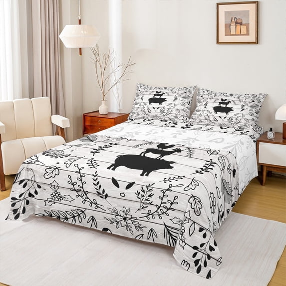 Homewish Kawaii Pig Silhouette Bed Sheets,Country Farmhouse Lodge King Sheets,Rustic Plant Leaves Sheet Set For Kids,Microfiber Bedroom Decor,4pcs