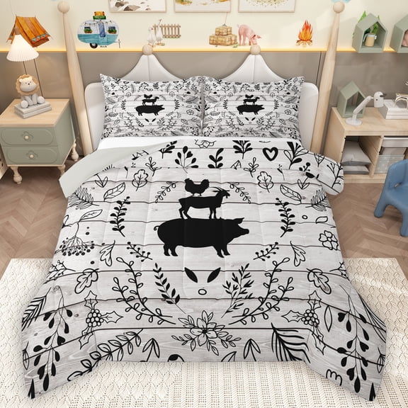 Homewish Kawaii Pig Silhouette Bedding Comforter Set,Country Farmhouse Lodge Twin Comforter Sets,Rustic Plant Leaves Bedding Set For Kids,Microfiber Bedroom Decor Reversible,2pcs