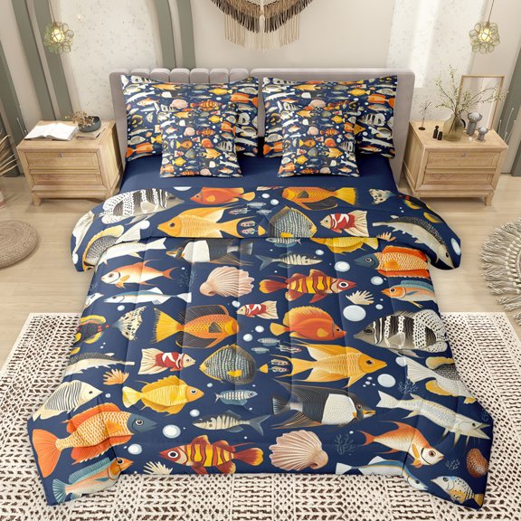 Homewish Kawaii Pike Fish Bedding Comforter Set 7 Pieces for Boy, Cartoon Ocean Animal Full Bedding Set, Rustic Farmhouse Reversible Fitted Sheet Flat Sheet, Lightweight Room Decor