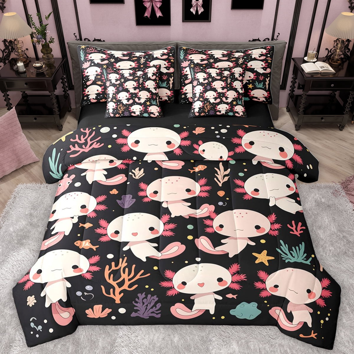 Homewish Kawaii Pink Axolotl 7 Pieces Bedding Comforter Set,Cartoon Ocean Animal Full Bedding Set,Watercolor Sealife Coral Fitted Sheet Flat Sheet For Teens,Super Cozy Room Decor Reversible