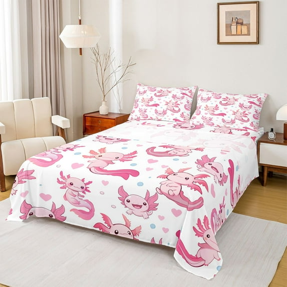 Homewish Kawaii Pink Axolotl Bed Sheets for Kid, Cute Cartoon Animal King Sheets, Love Heart Sheet Set, Breathable Home Decor, 4pcs