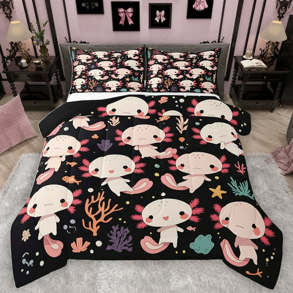 Homewish Kawaii Pink Axolotl Bedding Comforter Set,Cartoon Ocean Animal Twin Comforter Sets,Watercolor Sealife Coral Bedding Set For Teens,Super Cozy Room Decor Reversible,2 Pieces