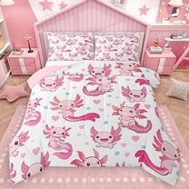 Homewish Kawaii Pink Axolotl Queen Comforter Set for Kid, Cute Cartoon Animal Bedding Sets, Love Heart Reversible Bedding Comforter Set, Breathable Home Decor, 3pcs