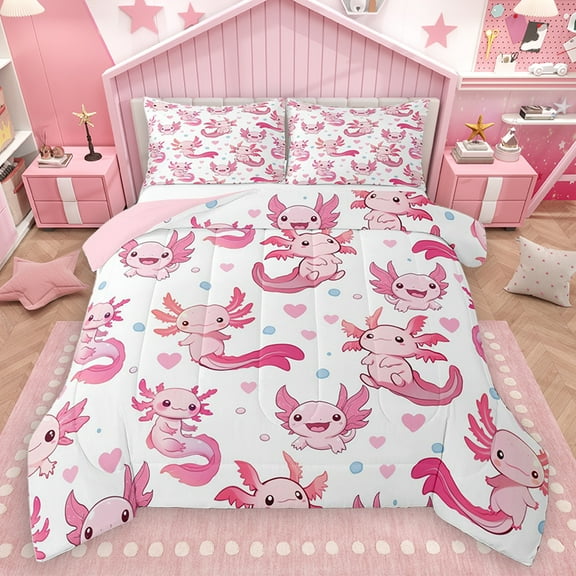 Homewish Kawaii Pink Axolotl Queen Comforter Set for Kid, Cute Cartoon Animal Bedding Sets, Love Heart Reversible Bedding Comforter Set, Breathable Home Decor, 3pcs
