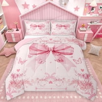 Homewish Kawaii Pink Bowknot Girl 2pcs Bedding Comforter Set,Flying Butterflies Twin Comforter Sets,Spring Garden Flowers Breathable Bedding Set,Luxury Bedroom Decor,Reversible