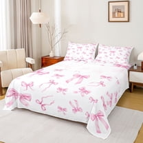 Homewish Kawaii Pink Bowknot Queen Sheet Sets for Girl, Cute Cartoon Ribbon Flat Sheet, Princess Style Queen Fitted Sheet, Breathable Home Decor, 4-Piece