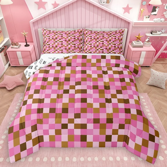 Homewish Kawaii Pink Brown Plaid Bedding Comforter Set, Vintage Game Abstract Twin Comforter Sets, Chic Square Rectangle Reversible Bedding Set, Lightweight Room Decor, 2-Piece